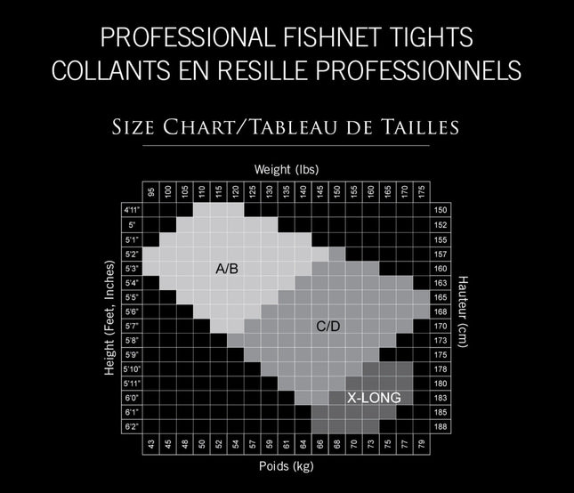 Helena Professional Fishnet Tights- size chart
