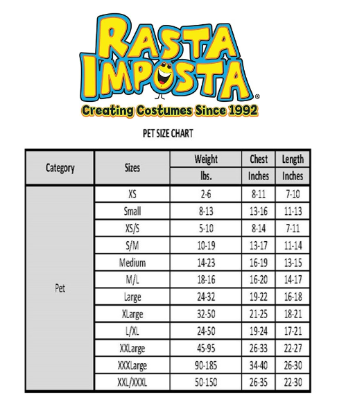 Bacon Pet Costume- size chart