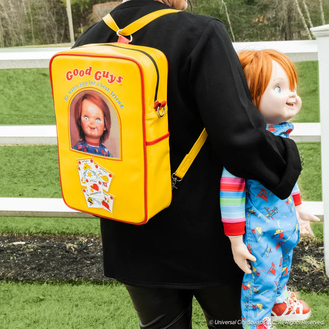 Child's Play 2- Good Guy Box Bag- worn by model holding good guy doll