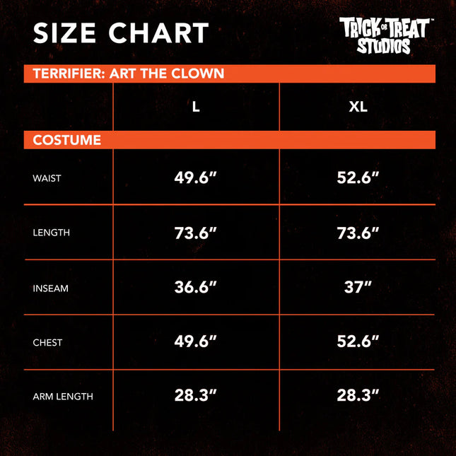 Terrifier- Art the Clown Costume- size chart
