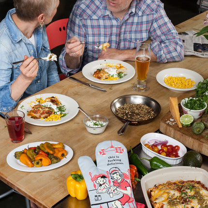 Fucking Delicious Oven Mitt- on table setting