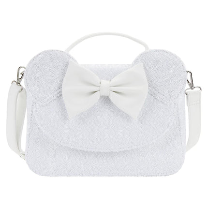 Minnie Mouse Sequin Wedding Crossbody Bag- front view with regular bow