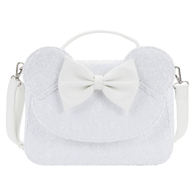 Minnie Mouse Sequin Wedding Crossbody Bag- front view with regular bow