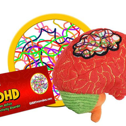 ADHD brain plushie with informational tag