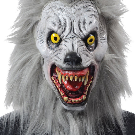 Howl at the moon in this very realistic albino werewolf mask. Full over-the-head deluxe latex Werewolf mask with fur and realistic teeth. One size.