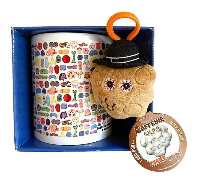 Coffee Mug with Caffeine Keychain in packaging