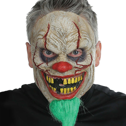 Terrify all of your friends with this bad news clown mask! Full-face latex mask with synthetic green hair beard. 80% Latex 20% Polypropylene. Includes elastic strap. One size fits most adults.