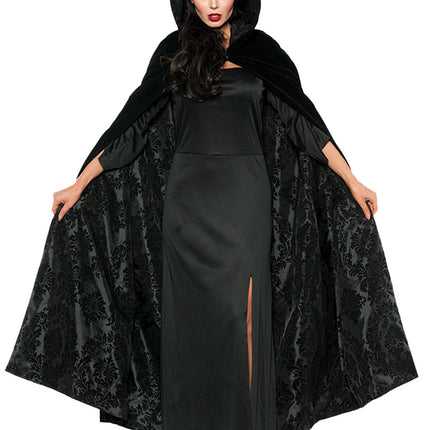 This beautiful cape will make the perfect addition to your costume! Deluxe black velvet hooded cape with black satin flocked lining. One size fits most female adults.