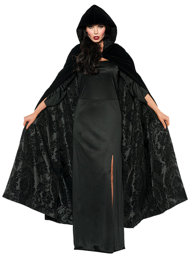 This beautiful cape will make the perfect addition to your costume! Deluxe black velvet hooded cape with black satin flocked lining. One size fits most female adults.