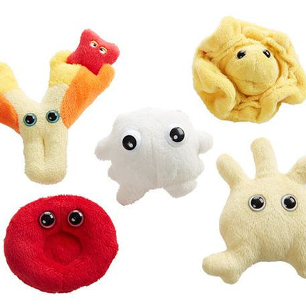 Red Blood Cell, White Blood Cell, Plasma, Platelet, and Antibody Plushies