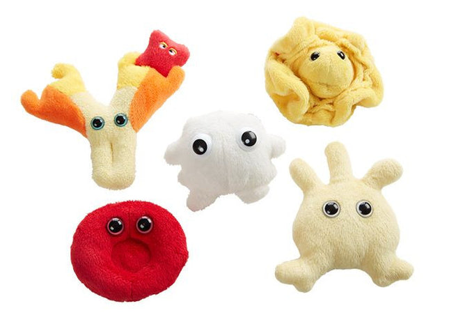 Red Blood Cell, White Blood Cell, Plasma, Platelet, and Antibody Plushies