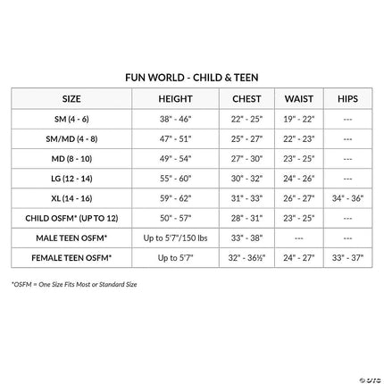 Boy's Covert Commando Costume- size chart