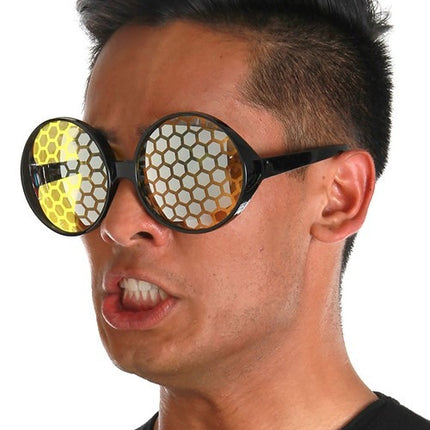 Black & Yellow Bug Eyes Glasses- worn by model