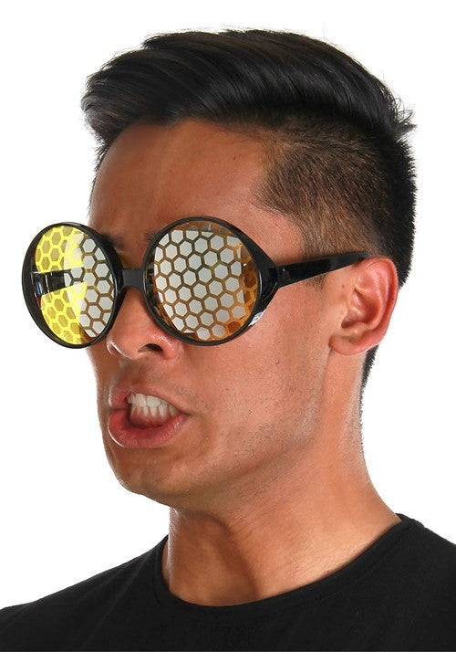 Black & Yellow Bug Eyes Glasses- worn by model