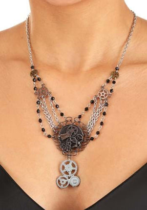 Antique Chain Gear Necklace- worn by model up close