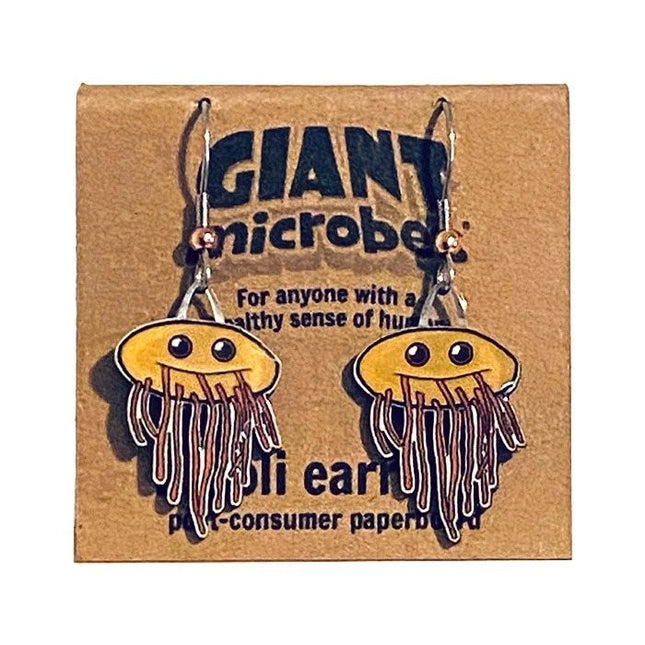 E. Coli earrings on card
