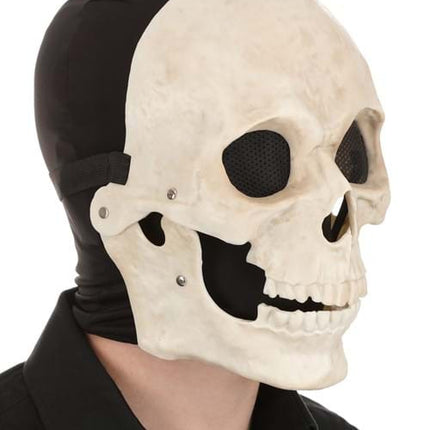 Black Costume Headsock- worn by model wearing mask side view