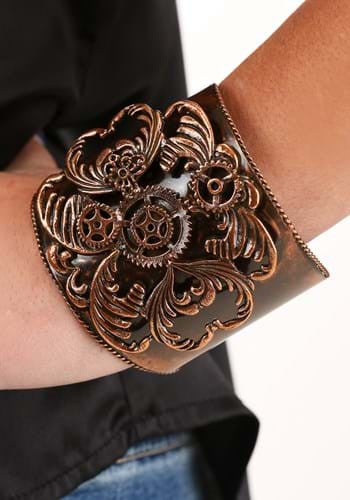 Steampunk Cuff Antique Copper- worn by model up close