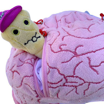 deluxe brain plushie with dopamine coming out of zipper pocket