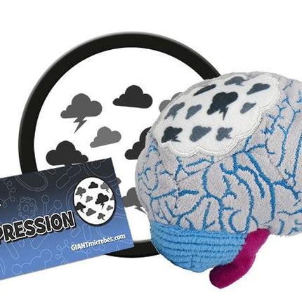 depression brain plushie with informational tag
