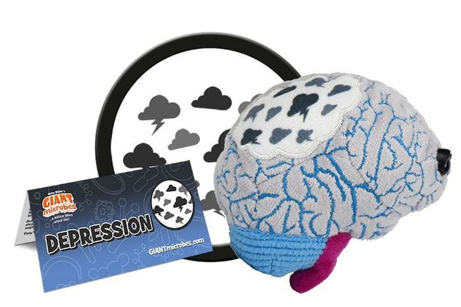 depression brain plushie with informational tag