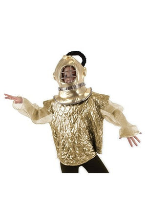 Gold Diving Bell Plush Helmet- worn by model posing