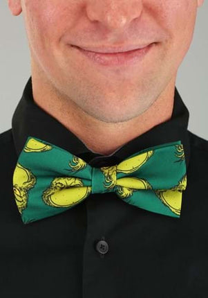 Dr. Seuss- Bow Tie Set- adult wearing the grinch bow tie up close