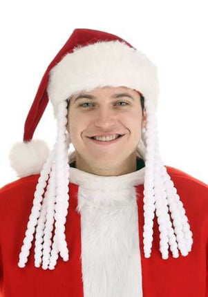 Dread Santa Hat- worn by model in santa suit, front view