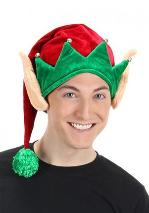 Plush Elf Hat with Ears- worn by model close up