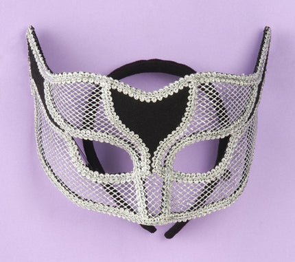 Silver netted masquerade half mask with headband.