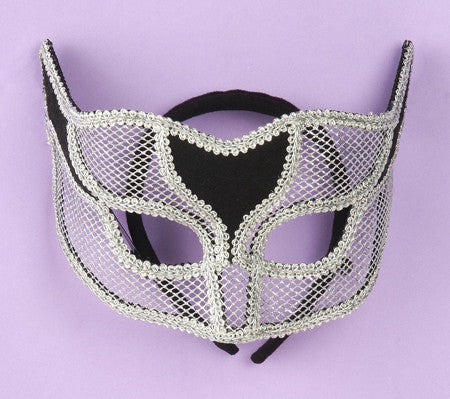 Silver netted masquerade half mask with headband.