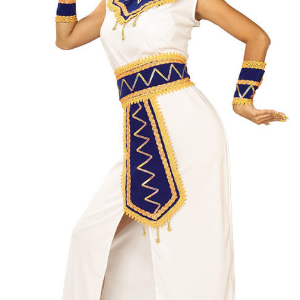 Polyester dress, embellished headpiece, collar, belt and wrist-bands.
