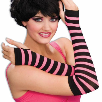 80's Striped Fingerless Gloves (Black & Pink)