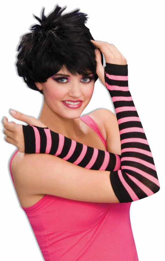 80's Striped Fingerless Gloves (Black & Pink)