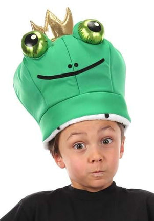 Frog Prince Reversible Plush Hat- worn by child model, frog side