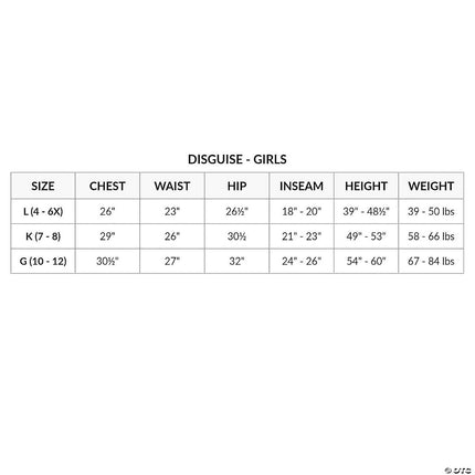 Aladdin™ Jasmine Child Costume- size chart