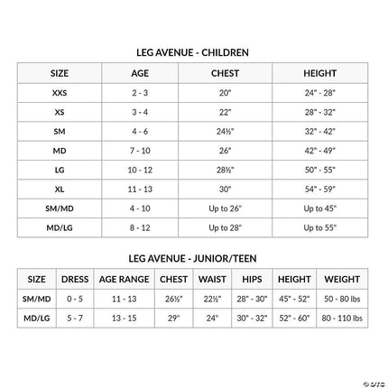 Daisy Bug Child Costume- size chart