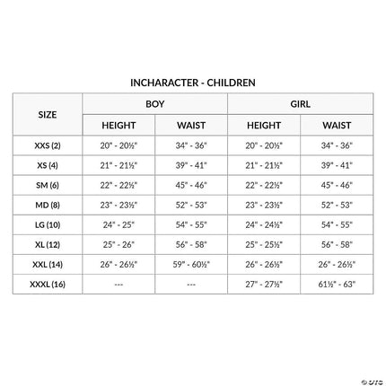 Girl's Mysterious Mermaid Costume- size chart
