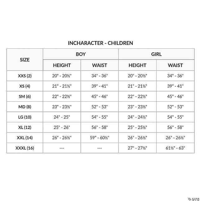 Girl's Mysterious Mermaid Costume- size chart