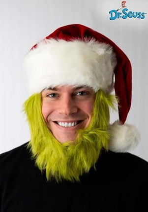 Dr. Seuss The Grinch Plush Hat with Beard- front view worn by model