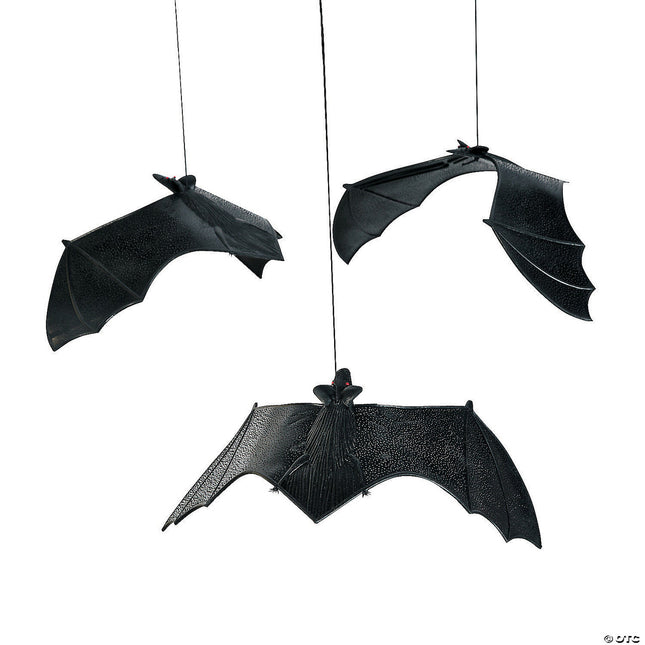 Black vinyl bat on an elastic string with suction cup.  6 1/2" x 13"