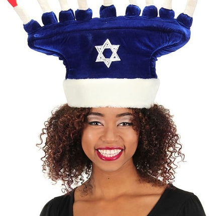 Happy Chanukah Plush Hat- worn by adult model