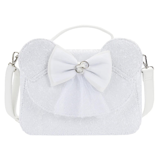 Minnie Mouse Sequin Wedding Crossbody Bag- front view with veil bow