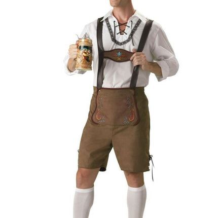 Authentic, deluxe ultra-suede lederhosen with lacing detail and vinyl suspenders, pullover shirt with lace-up collar and jacquard trim, matching hat with feather plus knee socks. Beer stein not included. 