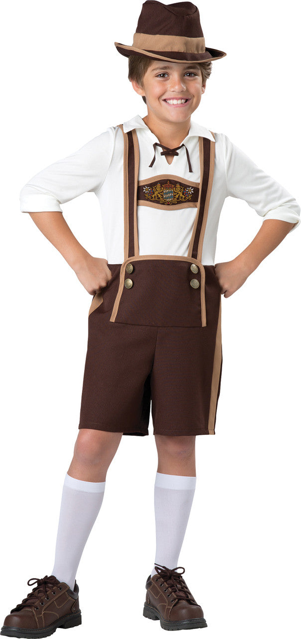 This costume includes a jumpsuit with attached printed suspender, socks and hat. 