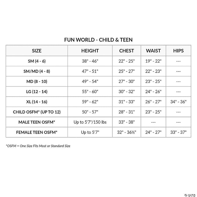 Ice Dragon Child Costume- size chart