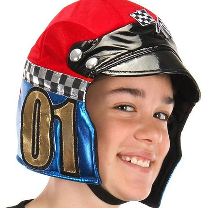 Kids Racer Plush Helmet- worn by child model up close