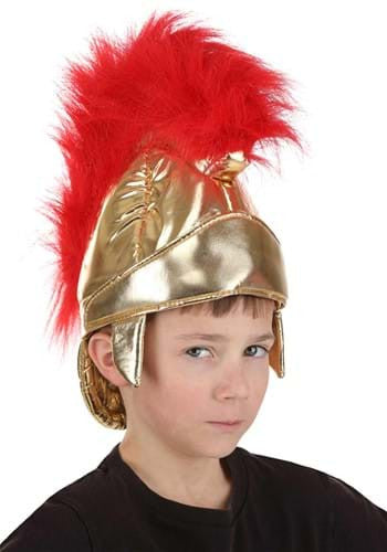Roman Soldier Kids Plush Helmet- worn by child model front view