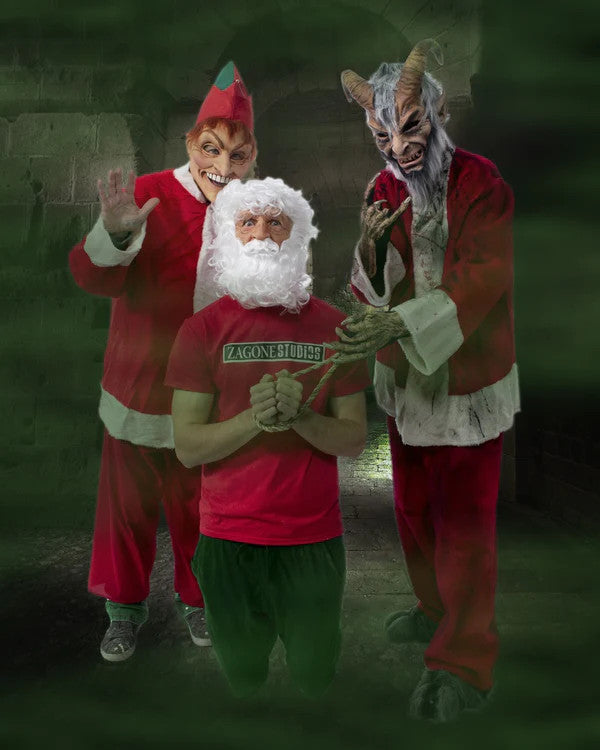 Speedy the Elf Mask- worn by model with Santa and Krampus