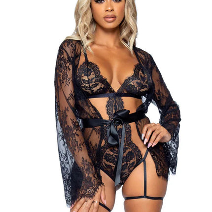 All Romance Lace Teddy & Robe Set- black, front view
